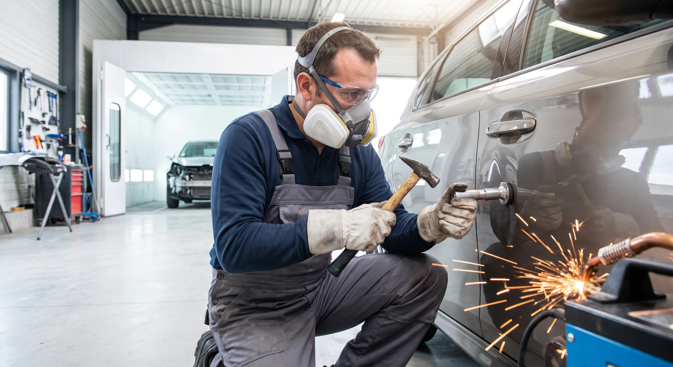 Gros plan dynamique d'un professionnel carrossier expérimenté en tenue de travail et équipement de protection (masque, gants) réparant les dégâts de carrosserie d'un véhicule. Le carrossier utilise un outil de réparation professionnelle sur une surface endommagée du véhicule (bosselure, rayure ou impact). L'arrière-plan montre l'atelier de carrosserie avec équipements professionnels visibles. L'image capture l'expertise technique et la restauration d'un véhicule endommagé en parfait état.