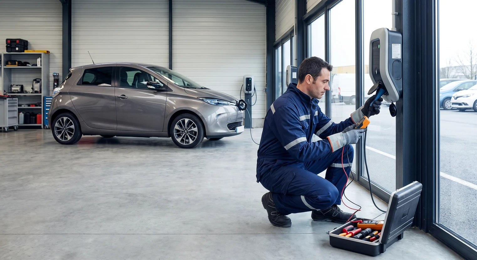 Photographie d'un technicien qualifié en combinaison de travail professional ou polo d'entreprise effectuant une intervention sur un connecteur de recharge rapide ou un point de charge d'un véhicule électrique. Le technicien est photographié en action, concentré sur son diagnostic ou sa réparation avec outillage spécialisé visible. En arrière-plan, un véhicule électrique moderne (Tesla, Renault Zoe, BMW i3, Audi e-tron ou similaire) est stationné dans l'atelier ou en parking de service du garage. L'éclairage professionnel révèle l'environnement technique et moderne du garage, transmettant la maîtrise et la confiance dans les interventions haute tension.