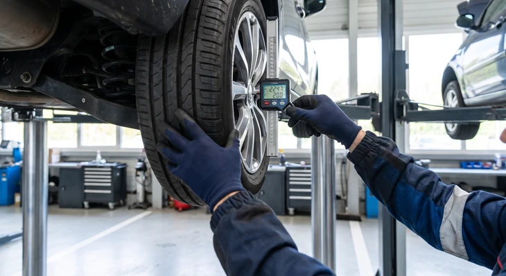 Main de personne inspectant de près un pneu automobile noir, doigt posé sur la bande de roulement usée présentant des traces d'usure visibles