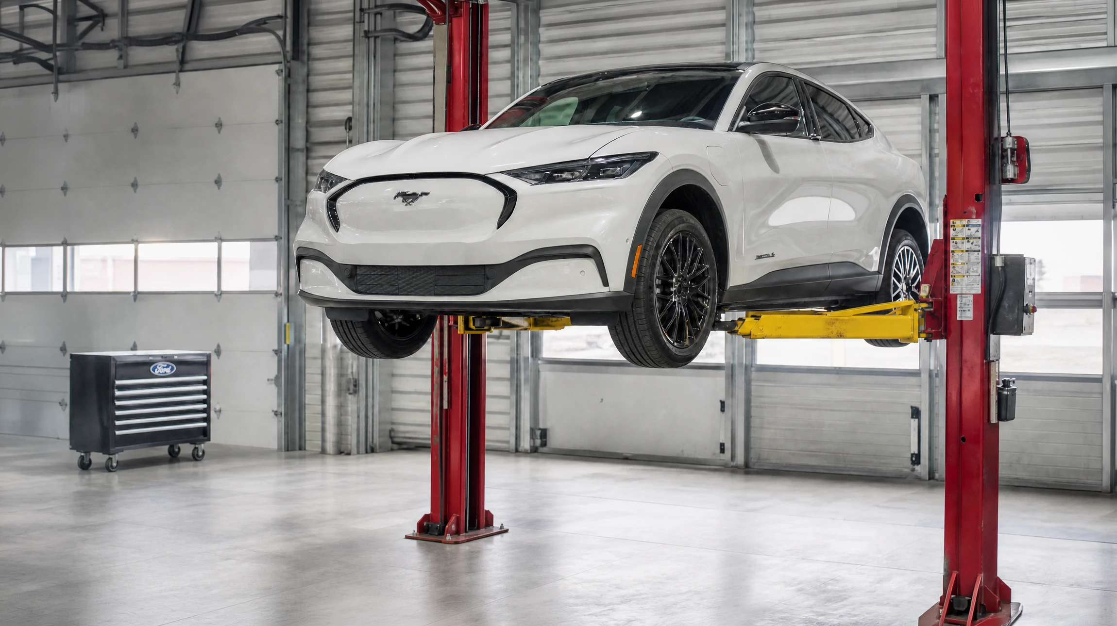 Mécanicien qualifié en combinaison de travail professionnelle dans un garage moderne, effectuant une intervention technique sur un véhicule électrique (Tesla, Nissan Leaf, Peugeot e-208 ou similaire), en train d'inspecter ou de travailler sur le système de batterie ou les composants électriques haute tension du soubassement. Véhicule surélevé sur pont élévateur, outillage spécialisé visible, éclairage atelier professionnel, ambiance technique et maîtrisée mettant en avant la compétence et l'habilitation.