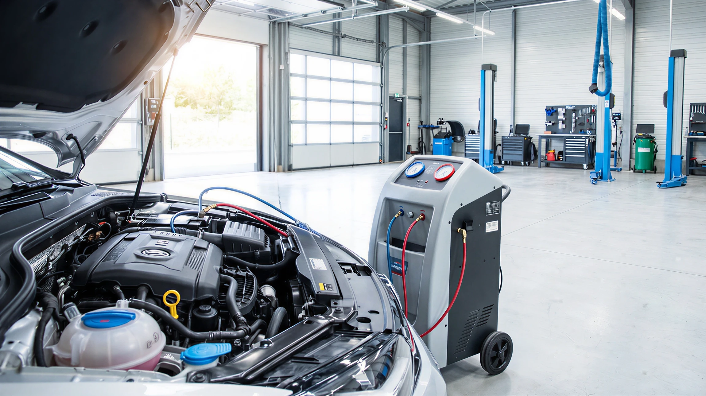 Gros plan sur un technicien automobile en tenue professionnelle effectuant un diagnostic ou entretien du système de climatisation sous le capot d'un véhicule, mettant en évidence les composants du système de climatisation (compresseur, tuyauteries de réfrigérant). L'atelier moderne et équipé est visible en arrière-plan. L'image doit transmettre la compétence technique et la fraîcheur associée à un bon fonctionnement de la climatisation.