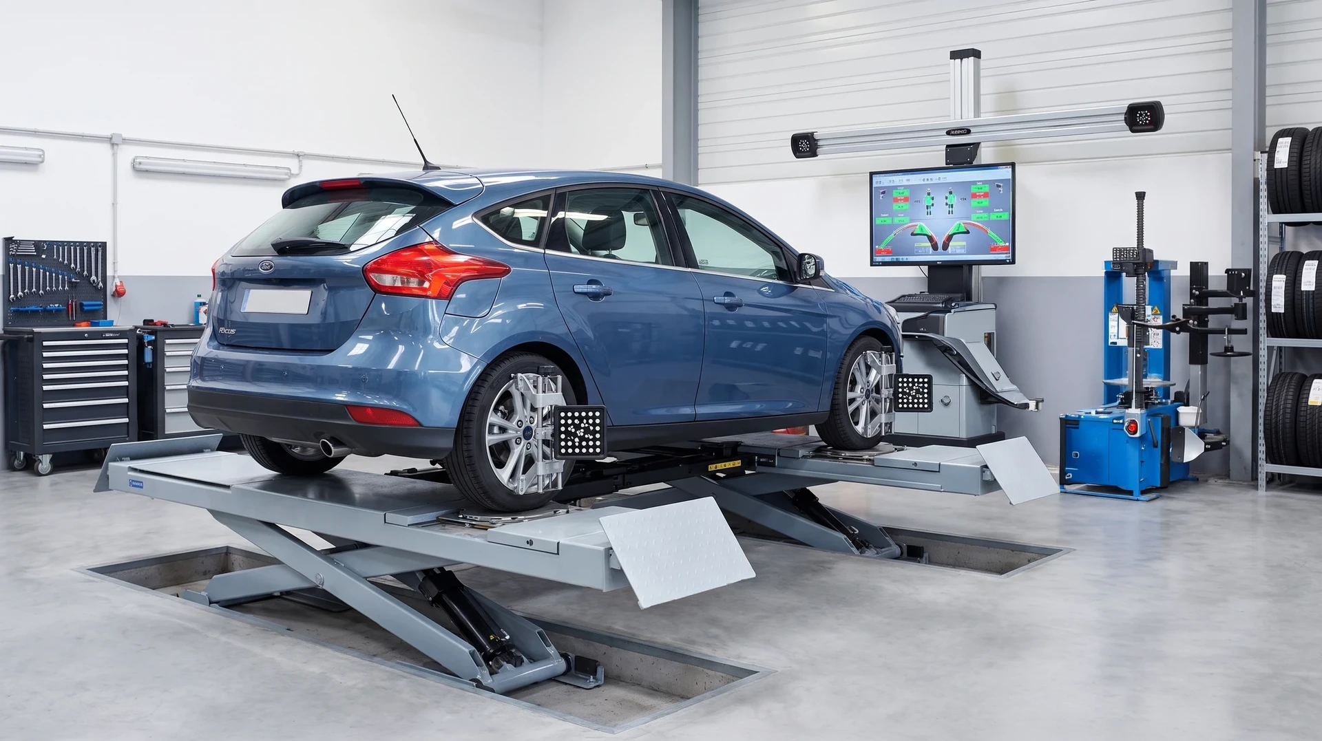 Photographe en gros plan d'un pont de géométrie Ford moderne en garage : un véhicule automobile surélevé sur l'équipement spécialisé de géométrie, avec les capteurs et lasers de mesure visibles positionnés sur les roues. Mécanicien qualifié en uniforme bleu opérant le système depuis un terminal de contrôle ou inspectant visuellement les alignements. Arrière-plan : garage bien équipé avec outils professionnels et signalétique technique. Éclairage professionnel mettant en évidence la précision et la technologie de l'équipement.