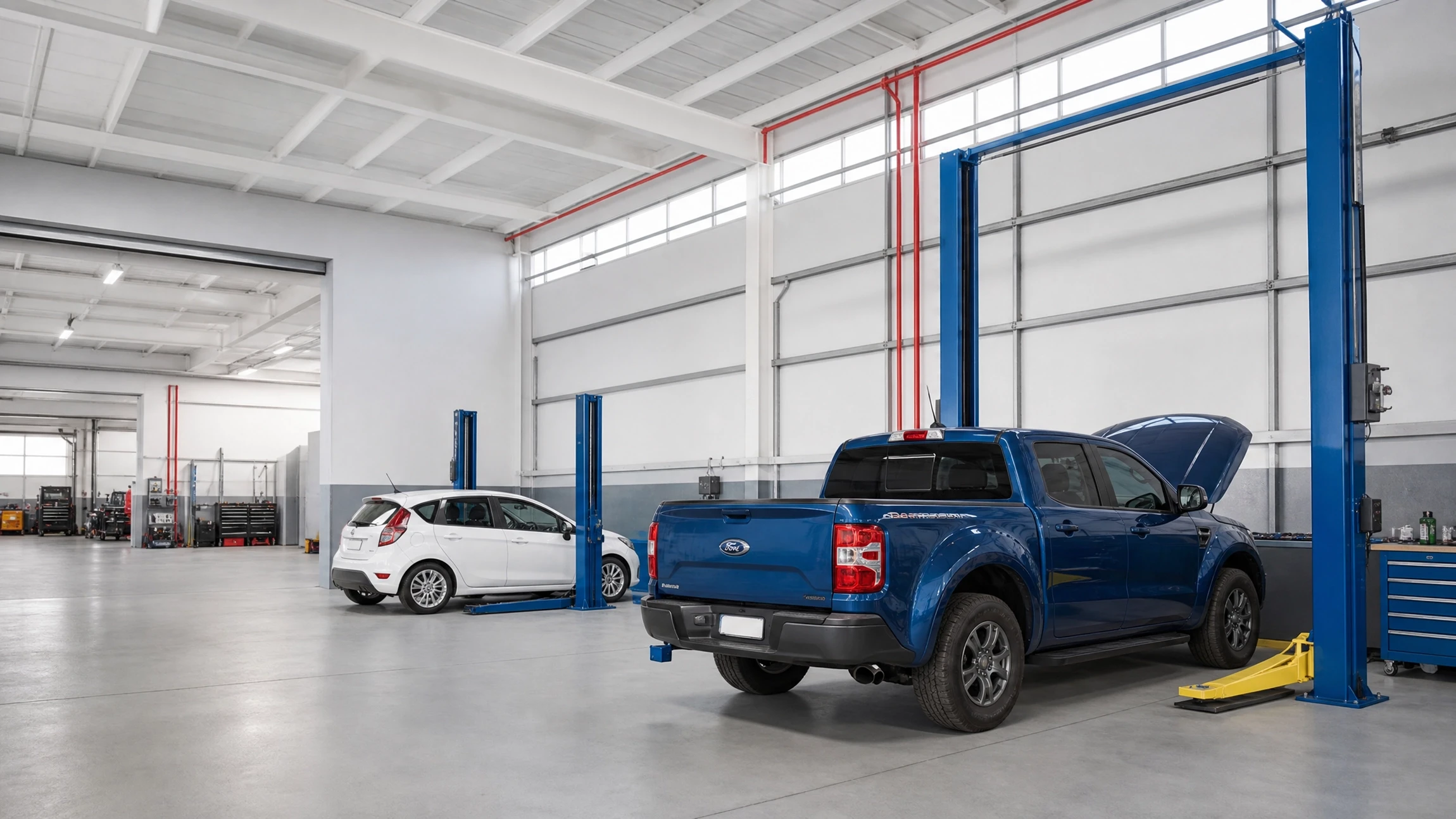 Extérieur, parking ou showroom automobile avec véhicules garés en rangée